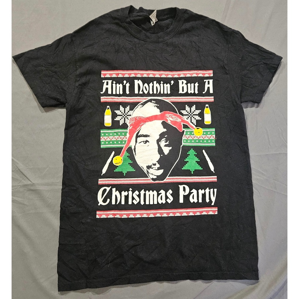 VTG Gildan T-Shirt Men Small Black Tupac Christmas Party Graphic Tee